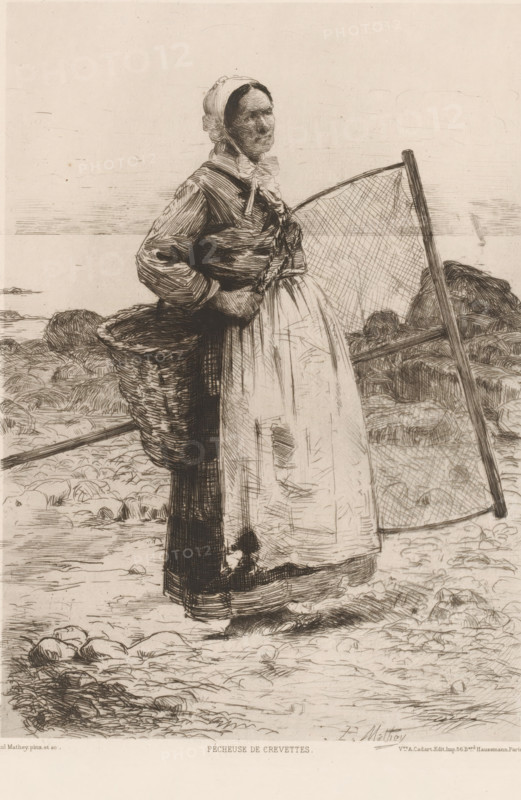 Fisherman's wife, Pécheuse de crevettes, French etchings from 1881, L'eau-forte en 1881, print, Series number, 10, 30, collector's mark: 'AFE v S', watermark, printmaker: Paul Mathey, after design by Paul Mathey, publisher: widow Alfred Cadart, Paris, 1881, Paul Mathey, widow Alfred Cadart, printmaker, publisher, paper, etching, drypoint, intaglio printmaking technique, height 280 mm x width 201 mm, sea and coastal fishery, A monochrome etching shows a woman standing on a rocky shore wearing a bonnet, a high-necked blouse with long sleeves, a tied scarf at the throat, and a long skirt with an apron; she has one hand resting at her waist and the other near a large woven basket strapped at her back. Behind her is a large framed net propped upright and the shoreline extends into the background with scattered rocks and low vegetation; the woman faces slightly to the side with a composed expression and the overall image is rendered with fine cross-hatching and linear textures.