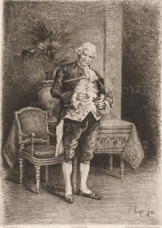 Standing man with snuffbox, Le priseur, L'eau-forte en 1881, French etchings from 1881, print, Series number, 11, 30, collector's mark: 'AFE v S', printmaker: Paul Léon Jazet, publisher: widow Alfred Cadart, Paris, 1881, paper, etching, drypoint, intaglio printmaking technique, height 278 mm x width 200 mm, adult man, snuff-box, An etched image of an older man standing in front of a table and an upholstered chair, wearing period clothing including a waistcoat, coat, breeches, stockings, and buckled shoes, his head slightly tilted and hands resting near his abdomen while holding a small rectangular object, with a large potted plant behind him, patterned drapery on the table, and dense crosshatched shading filling the background and floor.