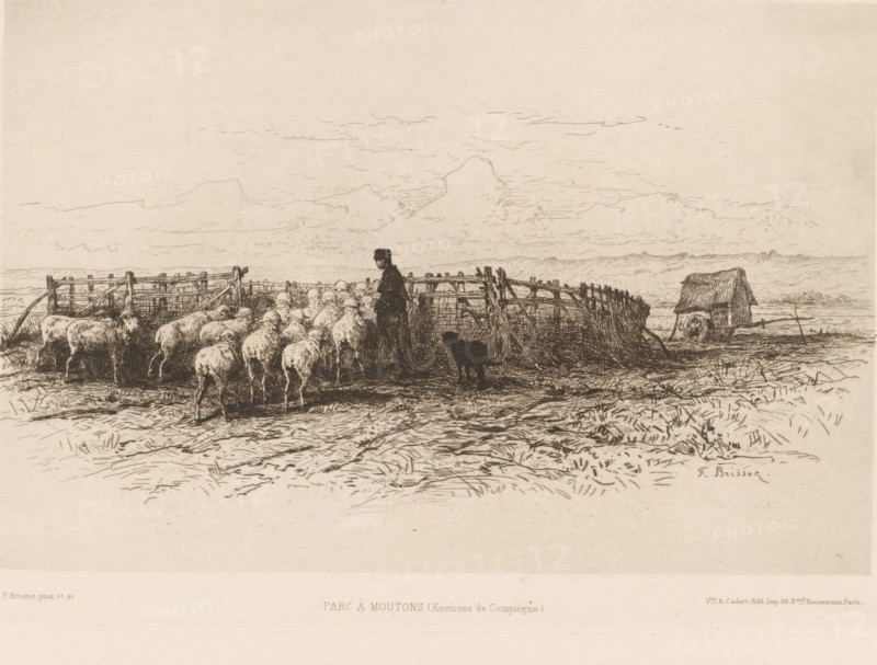 Shepherd with flock, Parc à moutons, L'eau-forte en 1881, French etching from 1881, print, Series number, 16, 30, collector's mark: 'AFE v S', watermark, printmaker: Félix Saturnin Brissot de Warville, publisher: widow Alfred Cadart, Paris, 1881, paper, etching, drypoint, intaglio printmaking technique, height 198 mm x width 278 mm, sheep, return to the fold, byre, stable, herd, herdsman, Compiègne, A wide landscape sketch in brown ink showing a group of sheep gathered near a rough wooden pen with a standing figure beside them and a dog nearby, low rolling hills and open sky in the background, textured ground in the foreground, and a small cart with a thatched cover positioned off to the right.