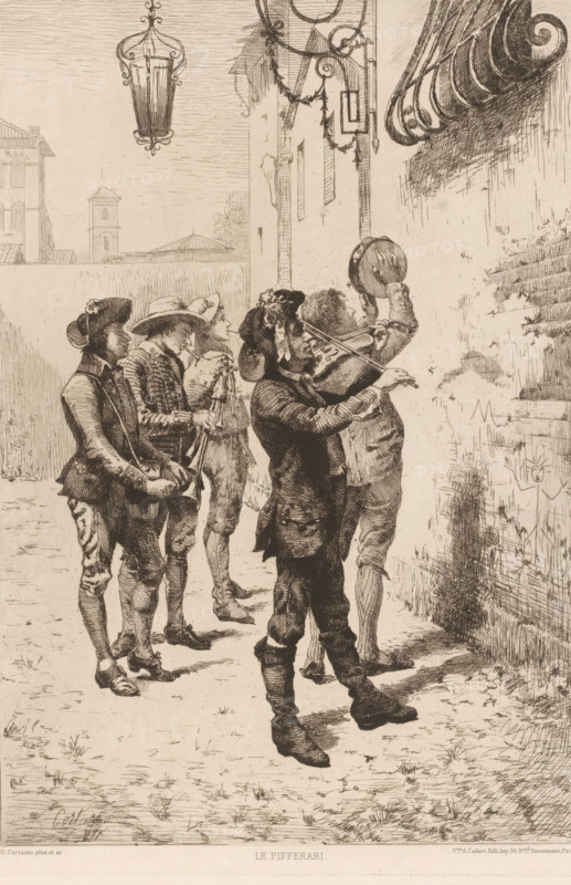Group of Italian musicians under a balcony, Le pifferari, French etchings from 1881, L'eau-forte en 1881, print, Series number, 22, 30, watermark, collector's mark: 'AFE v S', printmaker: Oreste Cortazzo, publisher: widow Alfred Cadart, Paris, 1881, paper, etching, drypoint, intaglio printmaking technique, height 316 mm x width 221 mm, musician - CC - out of doors, A group of five men stand in a row beside a wall, dressed in historical clothing with hats, coats, breeches, and boots; one man in front plays a violin while the man behind him raises a tambourine above his head, another holds a pipe instrument, and the remaining two stand holding small instruments or resting with their hands; an ornate hanging lantern is visible above them, decorative wrought iron elements and a rolled awning project from the wall, and in the background there are distant building rooftops and towers against a sky with fine horizontal hatch marks.