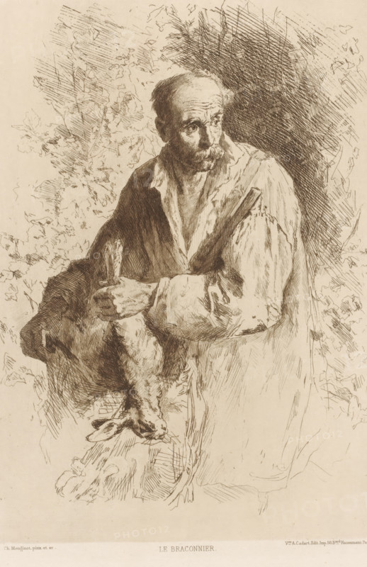 Hunter with dead hare, Le braconnier, L'eau-forte en 1881, French etchings from 1881, print, Series number, 24, 30, collector's mark: 'AFE v S', watermark, printmaker: Charles Monginot, publisher: widow Alfred Cadart, Paris, 1881, paper, etching, drypoint, intaglio printmaking technique, drypoint and plate tone in brown, height 279 mm x width 199 mm, hunter, A sepia-toned ink drawing of an older man shown from the waist up, seated and turned slightly to one side, wearing a loose shirt with an open collar and a heavy cloak draped over one shoulder; he has a receding hairline, a mustache, and a contemplative expression as he looks off to the side, his hands holding a small animal by its hind legs which hangs downward, the animal rendered with fur texture and floppy ears; the background is filled with crosshatched shading and loosely sketched foliage, creating contrast behind the figure.