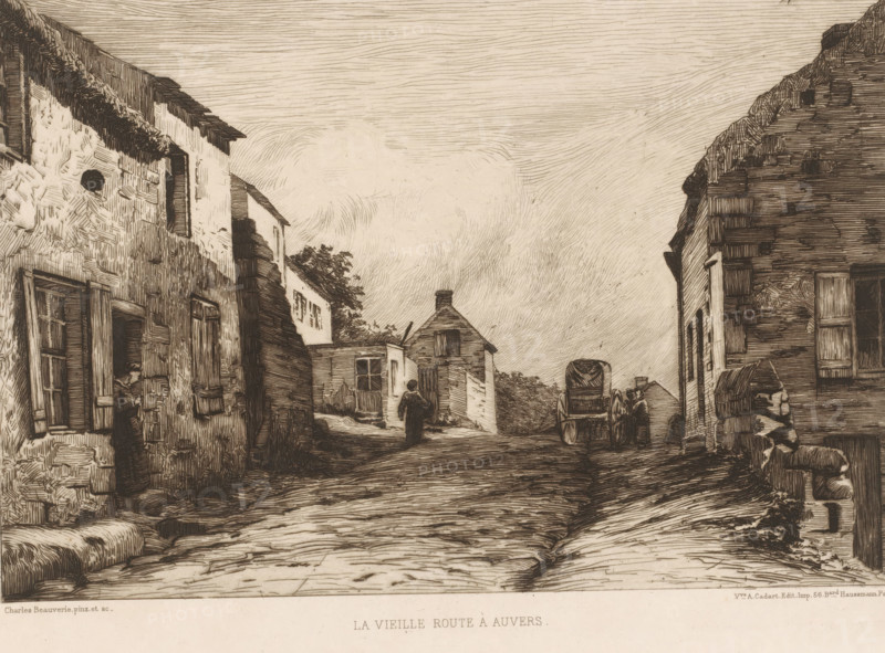La vieille route à Auvers, Village view, French etchings from 1881, L'eau-forte en 1881, print, Series number, 29, 30, collector's mark: 'AFE v S', printmaker: Charles-Joseph Beauverie, publisher: widow Alfred Cadart, Paris, 1881, paper, etching, drypoint, intaglio printmaking technique, height 200 mm x width 279 mm, street, Auvers-sur-Oise, A narrow street scene rendered in monochrome with textured linework shows buildings with stone and plaster facades flanking a sloping roadway, shuttered windows and wooden doors, a lone figure standing near a doorway on the left, another figure walking up the street toward a small house with a steep roof and chimney in the center, a horse-drawn cart parked on the right with a person nearby, stacked stones and architectural details at the edges of the buildings, and a sky filled with fine, swirling hatch marks.