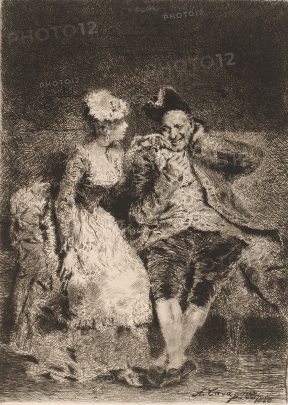 Young lady flirting with older man, Tentation, L'eau-forte en 1881, French etching from 1881, print, Series number, 3, 30, collector's mark: 'AFE v S', watermark, printmaker: Antonio Casanova y Estorach, publisher: widow Alfred Cadart, Paris, 1881, paper, etching, drypoint, intaglio printmaking technique, height 283 mm x width 203 mm, lovers, courting, flirting, young versus old age, young and old, A monochrome etching shows a seated man and woman on a cushioned surface, both dressed in period clothing. The woman on the left wears a light, ruffled dress and a fluffy headpiece, her body turned toward the man with one hand resting on the cushion beside her. The man on the right wears a dark coat with textured fur or trim, a hat with a folded brim, breeches, and stockings; he leans back with one arm across the cushion and the other hand brought toward his chest, his face showing a faint smile. The background is densely crosshatched, and the fabric of their clothing is rendered with varied...