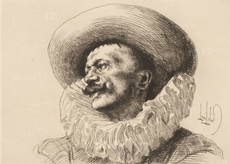 Head of a man with a hat and collar, French etchings from 1881, L'eau-forte en 1881, print, Series number, 1, 30, collector's mark: 'AFE v S', printmaker: Louis Leloir, publisher: widow Alfred Cadart, Paris, 1881, paper, etching, drypoint, intaglio printmaking technique, height 200 mm x width 278 mm, head-gear: hat, neck-gear: collar, head (human), A sepia-toned pen drawing of a man in profile wearing a wide-brimmed hat and a large ruffled collar, with detailed cross-hatching and fine lines defining his facial features, mustache, ear, and the textured shadows of the hat and clothing.