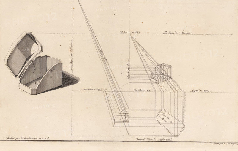 October-angled box, Description of a general graphometer, print, album page, book illustration, Series number, 7, 12, An octagonal box, drawn on the left using a graphometer and on the right according to the theory of perspective (rules of perspective). Marked in the upper right: Planche VII. The print is part of the book: AG Eckhardt, 1778., printmaker: Carel Jacob de Huyser, Amsterdam, publisher: Jan Hendrik Munnikhuizen (possibly), The Hague, 1778, paper, engraving, etching, etching and engraving, height 233 mm x width 383 mm, instruments for perspective drawing, A faded technical drawing on aged paper showing a three-dimensional open box with a hinged lid on the left, rendered with fine hatching and shading to show depth and cast shadow, and a geometric construction on the right composed of outlined prisms and angled planes connected by multiple straight projection lines and dotted guide lines, all drawn in thin dark ink with precise corner joins and cross-sectional edges, with a l...