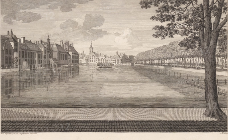 View of the Hofvijver in The Hague, Plan XI, Description of a general graphometer, print, album page, book illustration, Series number 11, 12, View of the Hofvijver in The Hague with the Binnenhof on the left and the Lange Vijverberg on the right. The image was drawn using a graphometer. Marked in the upper right: Plan XI. The print is part of the book: AG Eckhardt, Beschryving van een algemeenen graphometer, 1778., printmaker: Monogrammist AC (18th century), Amsterdam, publisher: Jan Hendrik Munnikhuizen (possibly), The Hague, 1777 - 1778, paper, engraving, etching, etching and engraving, height 242 mm x width 396 mm, Binnenhof, Vijverberg, Hofvijver, A wide riverside scene rendered in fine line work shows rows of tall narrow buildings with gabled roofs lining the left bank, their vertical facades reflected in the calm water below. Across the water a cluster of civic-style buildings and a tower rise at the center background, framed by an island of low trees in the middle of the river....