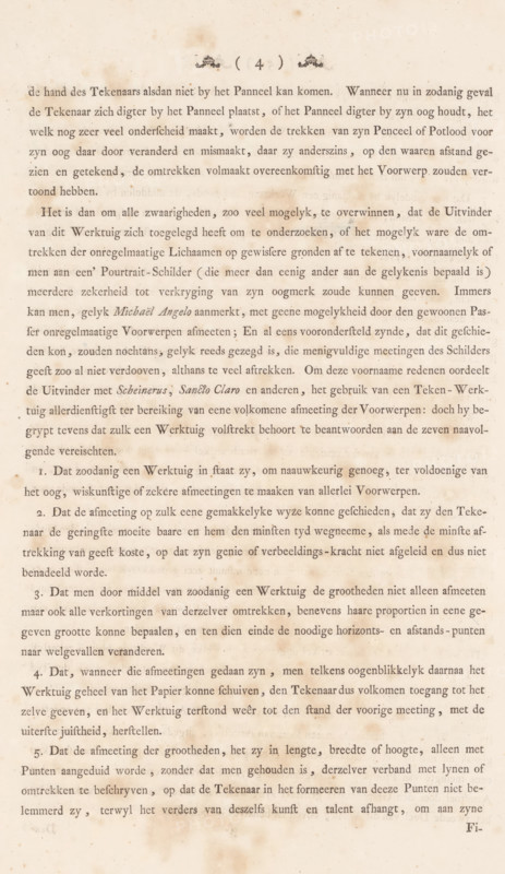 Description of the utility of the graphometer, page 4 of 10, Description of a general graphometer. First part. Containing the utility of this instrument, album page, text sheet, The text sheet is part of the book: AG Eckhardt, Description of a general graphometer, 1778., writer (clerical worker): Antoine George Eckhardt, publisher: Jan Hendrik Munnikhuizen (possibly), The Hague, 1777 - 1778, writer (clerical worker), paper, letterpress printing, text in letterpress, height 510 mm x width 330 mm, A photograph of an aged, single sheet of printed paper with evenly spaced lines of serif text in a language other than English, showing a decorative typographic ornament and a parenthetical numeral near the top; the paper has a warm, yellowed tone with darker foxing spots and stains scattered across the surface, heavier toward the edges; margins are visible around the block of text and the bottom right corner shows a small cropped decorative mark; the overall appearance suggests wear with subtl...