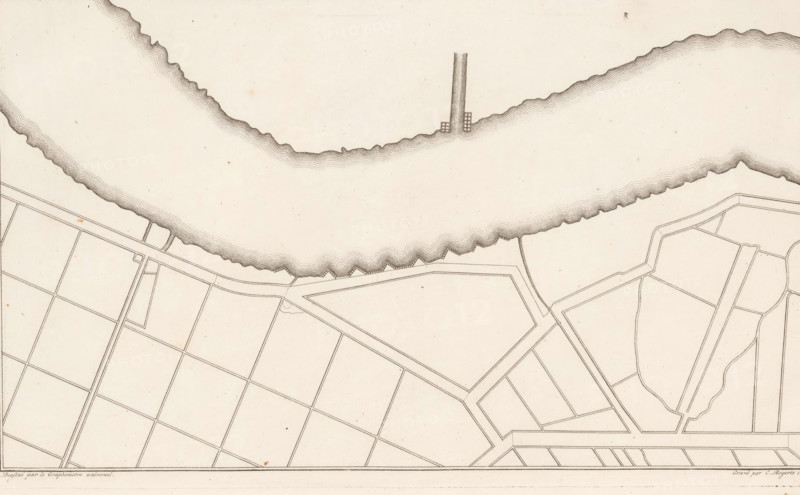 Detailed map of a river bend with the surrounding meadows, Description of a general graphometer, print, album page, book illustration, Series number, 12, Detailed map of a river bend with surrounding meadows. The image was drawn using a graphometer. Marked in the upper right: Plan XII. The print is part of the book: AG Eckhardt, 1778., printmaker: Cornelis Bogerts, Amsterdam, publisher: Jan Hendrik Munnikhuizen (possibly), The Hague, 1778, paper, engraving, etching, etching and engraving, height 221 mm x width 361 mm, maps, atlases, A monochrome map fragment showing a curved waterfront at the top with closely spaced wavy contour lines indicating the water edge, a straight pier jutting into the water with small rectangular structures at its base, and a geometric street grid below composed of straight roads forming rectangular and polygonal blocks with thin boundary lines and occasional curved pathways; the paper has a light aged tone with small scattered specks and faint vertical and ho...