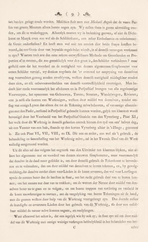 Description of a general graphometer. Part one. Containing the usefulness of this instrument, Description of the usefulness of the graphometer, page 9 of 10, album page, text sheet, The text sheet is part of the book: AG Eckhardt, Description of a general graphometer, 1778., writer (clerical worker): Antoine George Eckhardt, publisher: Jan Hendrik Munnikhuizen (possibly), The Hague, 1777 - 1778, writer (clerical worker), paper, letterpress printing, text in letterpress, height 510 mm x width 330 mm, A faded printed page showing uniform lines of serif text in a narrow column, with an ornate decorative flourish centered near the top and a small circular mark above it, the paper showing light aging and slight discoloration, margins visible around the block of text, and a centered single letter near the bottom.