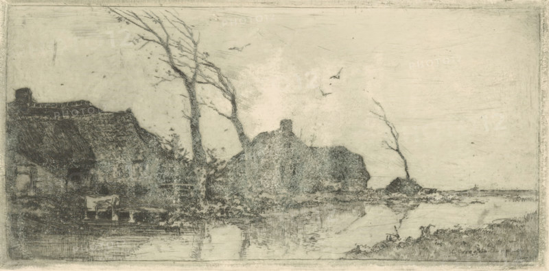 Farmhouse by a ditch, trees leaning in the wind, print, printmaker: Cornelis Vreedenburgh, 1906, paper, etching, drypoint, intaglio printmaking technique, height 98 mm x width 198 mm, farm or solitary house in landscape, small canal, ditch, A pale etching shows a waterside scene with textured roofs and stone walls of cottages along the left and center, tall bare trees rising near the buildings, and a smaller leaning tree near the right shoreline; a calm body of water in the foreground reflects parts of the structures and vegetation, and low grassy plants frame the nearer bank, while a wide, lightly shaded sky occupies the upper area with a few small birds drawn in flight.