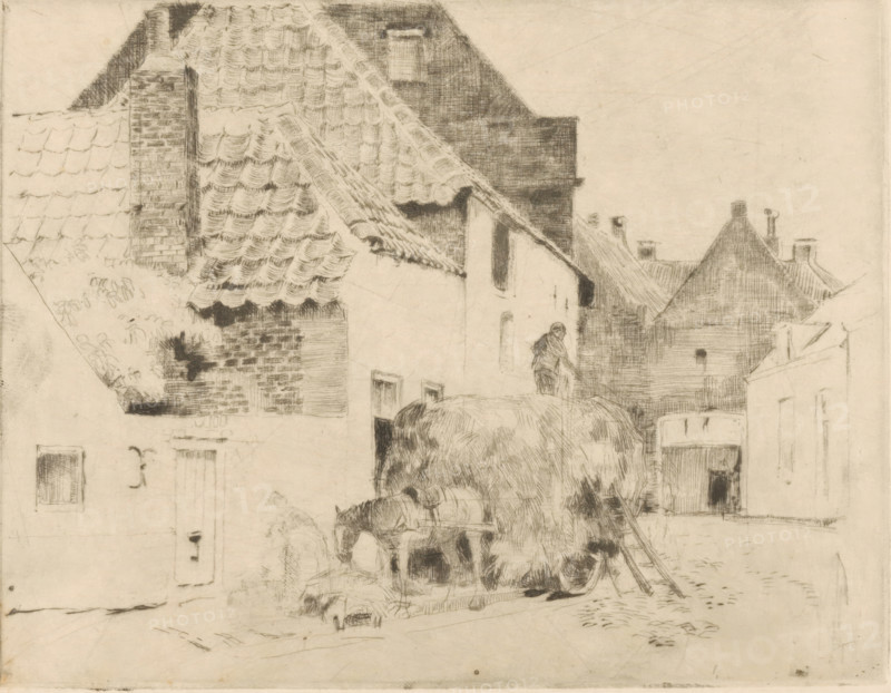 Hay wagon in village street, print, printmaker: Cornelis Vreedenburgh, 1890 - 1946, paper, etching, drypoint, intaglio printmaking technique, height 122 mm x width 158 mm, village street, hay-wagon, A monochrome sketch of a street scene dominated by closely packed buildings with tiled and shingled roofs, chimneys, and textured brickwork, showing rooflines receding into the background; in the foreground a large haystack or covered load sits on a cart drawn by a horse that is facing left, with a person standing nearby and another figure perched atop the stacked load; doorways and windows are visible on the facades, and narrow alleyways and cobbled ground are suggested by light, crosshatched lines.