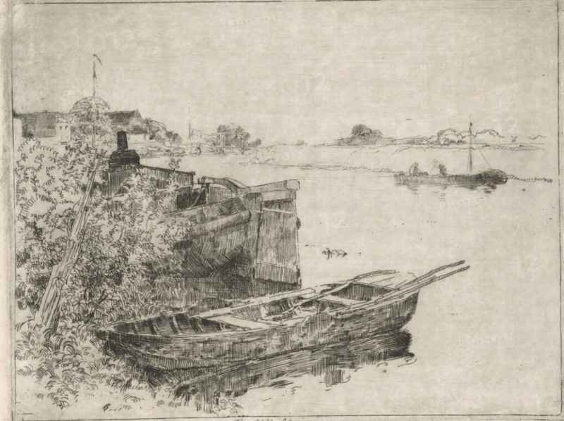 River with boats at the waterside, print, printmaker: Cornelis Vreedenburgh, 1890 - 1946, paper, etching, intaglio printmaking technique, height 150 mm x width 196 mm, rowing-boat, canoe, sailing-ship, sailing-boat, river, A sketch of a waterside scene showing wooden boats pulled up on a grassy, shrub-filled bank, with detailed plank and oar lines visible on the boats; a fence or wooden structure rises behind the boats amid dense foliage, and rooftops and a tree cluster appear further back on the left; the calm water stretches toward a distant shoreline with low tree clumps and small landforms, and a slender mast and a small boat with two seated figures are sketched on the water; the composition is executed in fine monochrome line work on a pale background.