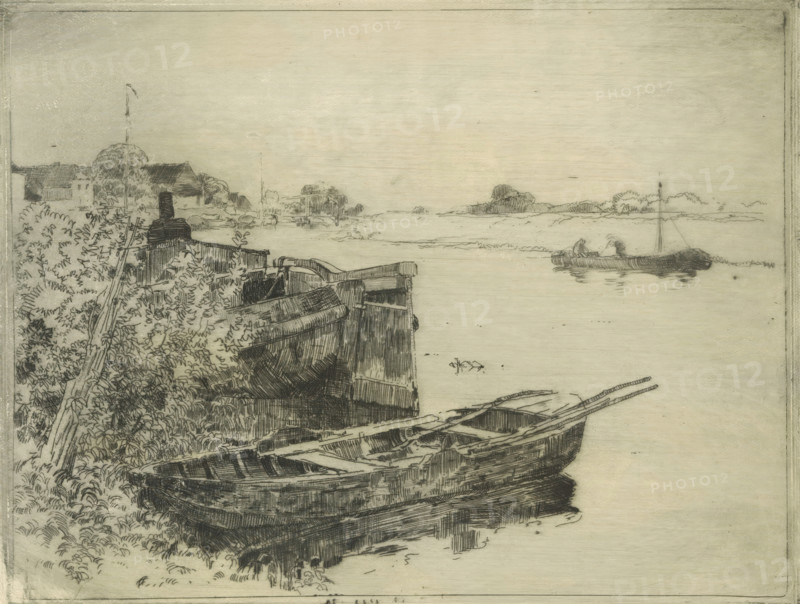 River with boats at the waterside, print, printmaker: Cornelis Vreedenburgh, 1890 - 1946, paper, etching, intaglio printmaking technique, height 150 mm x width 195 mm, rowing-boat, canoe, sailing-ship, sailing-boat, river, A pencil or ink sketch of a riverside scene showing several wooden rowboats pulled up on a muddy shore in the foreground, detailed wood grain and ribs visible on the boats and oars resting across them, dense foliage and tall grasses along the left bank with a leaning post or mast among the plants, a short wooden pier or platform behind the vegetation, a calm expanse of water stretching to the middle ground where a small sailboat with a single mast floats and its reflection appears in the water, a low distant shoreline with clumps of trees and simple roofed buildings sketched on the far bank, and a pale sky occupying the upper portion of the image.