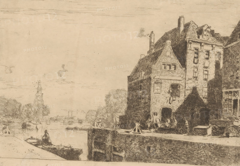 Sint Antoniesluis, Amsterdam, print, Right the Gosler House., printmaker: Cornelis Vreedenburgh, 1890 - 1946, paper, etching, intaglio printmaking technique, height 148 mm x width 200 mm, lift-lock, canal lock, A sepia-toned etching shows a riverside scene with narrow boats on calm water, a person standing in a small boat near the foreground, and a series of tall, narrow buildings with steep roofs and chimneys lining the right bank; the buildings display detailed windows, an arched doorway, and brick and stone textures, with ropes, wooden posts, and a wheel visible near the waterfront; trees and distant structures appear along the left bank, and a lightly sketched sky with thin horizontal clouds fills the upper area.
