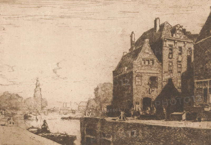 Sint Antoniesluis, Amsterdam, print, Right the Gosler House., printmaker: Cornelis Vreedenburgh, 1890 - 1946, paper, etching, intaglio printmaking technique, height 148 mm x width 200 mm, lift-lock, canal lock, A sepia-toned etching showing a waterside scene with tall old buildings on the right featuring steep gabled roofs, chimneys, and multi-pane windows, a stone quay in front of them, small boats moored along the water, a figure seated in a narrow rowboat in the foreground, trees and low structures along the left bank, and a distant tower rising above the treeline under a lightly sketched sky.