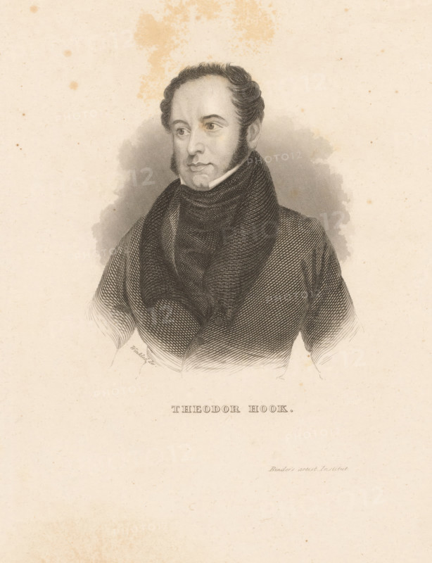 Theodor Hook, Portrait of Theodore Edward Hook, print, printmaker: Henry Winkles, publisher: Binder's artistic Institut, Leipzig, c. 1824 - c. 1850, Henry Winkles, Binder's artistic Institut, Saxony, paper, steel engraving, height 161 mm, width 212 mm, Person, Theodore Edward Hook, historical persons, portrait, self-portrait of artist, A sepia-toned engraved portrait of a man shown from the chest upward, with short wavy hair and prominent sideburns, wearing a high-collared coat and a wrapped scarf or cravat; his face is turned slightly to one side with a neutral expression, and the background shows subtle shading and textured paper with faint discoloration spots.
