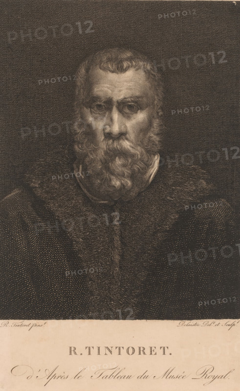 Portrait of il Tintoretto, print, printmaker: Louis Jean Désiré Delaistre, France, after painting by Jacopo Tintoretto, 1810 - 1871, draftsman (artist), paper, engraving, height 263 mm x width 174 mm, Person, Il Tintoretto, historical persons, portrait, self-portrait of painter, A monochrome engraved portrait of an older man shown from the chest up, facing forward with a full curly beard and mustache, short curly hair, and deep-set eyes; he wears a dark textured cloak with a fur-like collar and a lighter garment at the neckline, and the background is a uniformly stippled dark field.
