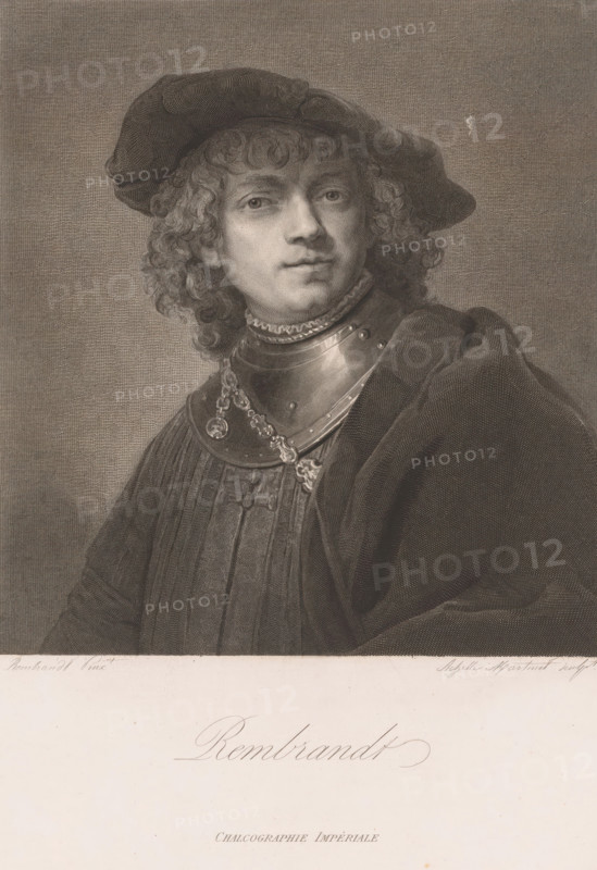 Portrait of an unknown man, previously identified as Rembrandt van Rijn, Rembrandt, print, check stamp: 'Circular stamp with in the center: Musées Imperieux, in the border: Galgographie Du Louvre.', printmaker: Achille Louis Martinet, after painting by Rembrandt van Rijn, 1835, paper, steel engraving, height 323 mm x width 246 mm, historical persons, portrait, self-portrait of artist, A sepia-toned engraved portrait of a young man shown from the chest up wearing a wide, soft hat and a cloak draped over one shoulder, with curly hair framing his face and a calm, neutral expression; he has a rounded face, small mustache and slight shadow on his upper lip, and his eyes look forward; he wears a high, decorated collar and a reflective metal gorget with a decorative chain and medallion, and his garment beneath the cloak shows vertical folds and pleats; the background is a finely textured, even tone.