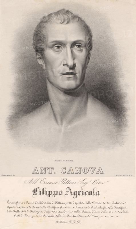Portrait of artist Antonio Canova, print, printmaker: Ferdinando Rondoni, Rome, after sculpture by Antonio Canova, Italy, printer (person): Studio di Lit, dedicated to: Filippo Agricola, 1840, Antonio Canova, after sculpture by, printer (person), paper, chine collé, lithography, lithography on chine collé, height 422 mm x width 290 mm, After a sculpted self-portrait by Antonio Canova in the Temple of Possagno in Veneto., Person, historical persons, portrait, self-portrait of artist, A grayscale lithographic portrait of a bare-shouldered man shown from the chest up, rendered with soft shading and stippling; he has short, wavy hair, a high forehead, prominent cheekbones, and a straight nose, with his gaze directed slightly to the side and a neutral expression; the background is a vignette of textured shading that fades into the lighter paper toward the edges, and below the portrait there is a wide blank margin with decorative script and ornamental lettering partially visible at the botto...