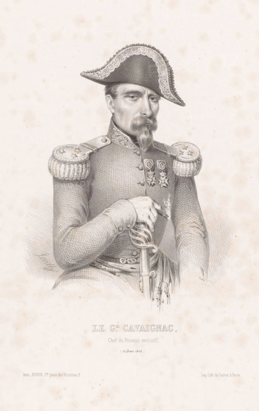 Le gal. Cavaignag, chef du pouvoir exécutif, (24 June 1848.), Portrait of General Louis-Eugène Cavaignac, print, printmaker: Lévilly, printer (person): François Louis Cattier, Paris, publisher: Boivin, 1848 - 1856, printer (person), paper, lithography, height 444 mm x width 302 mm, Person, Louis-Eugène Cavaignac, historical persons, (military) uniforms, A sepia-toned lithograph of a uniformed man shown from the waist up, wearing a bicorn hat with decorative trim and a high-collared military coat with ornate shoulder epaulettes and embroidered collar; he has a mustache and pointed goatee and a serious expression, his hand rests on the hilt of a sword with a detailed guard, and several decorative medals are pinned to his chest.