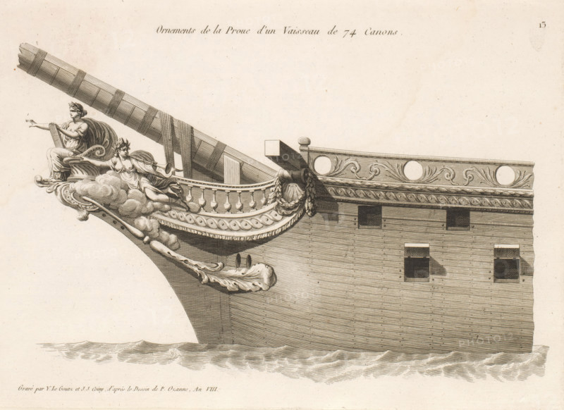 Prow and figurehead of a sailing ship with 74 guns, Ornements de la proue d'un vaisseau de 74 canons, Bow ornaments of various vessels, Ornements de la proue de différents vaisseaux, print, album page, ornament print, Series number, 13, 24, This print is made part of an album., printmaker: Joseph Coiny, printmaker: Yves Marie Le Gouaz, after drawing by Pierre Ozanne, 1799 - 1800, Joseph Coiny, Yves Marie Le Gouaz, Pierre Ozanne, printmaker, after drawing by, paper, etching, engraving, etching and engraving, cut off within the plate edge, mounted in an album, height 227 mm x width 319 mm, sailing-ship, sailing-boat, parts of ship's exterior: bow, A detailed engraved image of a ship's prow showing ornate carved decorations in a monochrome palette, including a seated draped female figure extending an arm and a smaller reclining figure among stylized clouds and scrollwork, a long bowsprit angled across the top left, a curved bulwark with baluster-like elements and layered decorative bands,...