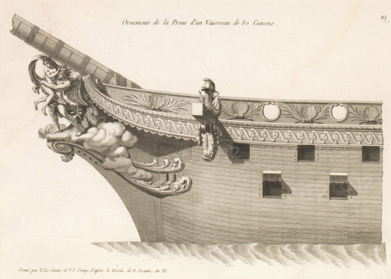 Prow and figurehead of a sailing ship, Ornements de la proue d'un vaisseau de 80 canons, Ornements de la proue de différents vaisseaux, Bow ornaments of various vessels, print, album page, ornament print, Series number, 19, 24, This print is part of a album., printmaker: Joseph Coiny, printmaker: Yves Marie Le Gouaz, after drawing by Pierre Ozanne, 1800 - 1801, Joseph Coiny, Yves Marie Le Gouaz, Pierre Ozanne, printmaker, after drawing by, paper, etching, engraving, etching and engraving, cut off within the plate edge, mounted in an album, height 225 mm x width 317 mm, sailing-ship, sailing boat, parts of ship's exterior: bow, A detailed engraved view of a ship's ornate prow showing a carved figure of a winged man holding a smaller figure, both perched on stylized clouds at the very front, a long beamed structure extending upward behind them, decorative scrollwork and acanthus motifs along the curved edge, a carved horsehead projecting beneath a helmeted bust mounted on the rail, a pat...