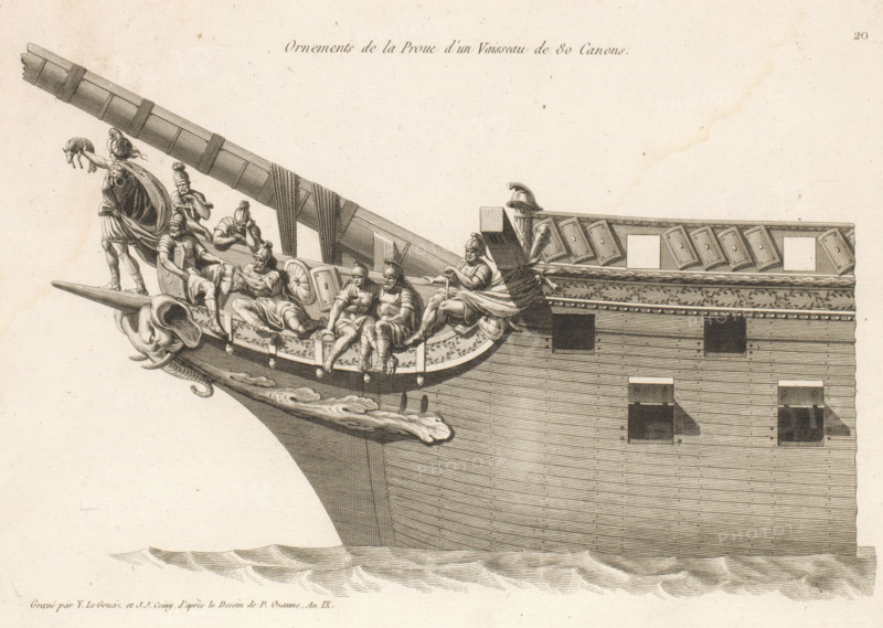 Ornements de la proue d'un vaisseau de 80 canons, Prow and figurehead of a sailing ship, Ornements de la proue de différents vaisseaux, Bow ornaments of various vessels, print, album page, ornament print, Series number, 20, 24, This print is part of a album., printmaker: Joseph Coiny, printmaker: Yves Marie Le Gouaz, after drawing by Pierre Ozanne, 1800 - 1801, Joseph Coiny, Yves Marie Le Gouaz, Pierre Ozanne, printmaker, after drawing by, paper, etching, engraving, etching and engraving, cut off within the plate edge, mounted in an album, height 223 mm x width 316 mm, sailing-ship, sailing boat, parts of ship's exterior: bow, A detailed engraving of a ship's prow showing ornate carved figures and decorative elements along the hull, with a large projecting bowsprit and a carved animal head at the very front, a group of seated and standing human figures in classical attire arranged on a raised platform near the bowsprit, some holding shields and one holding a small animal, a reclining f...
