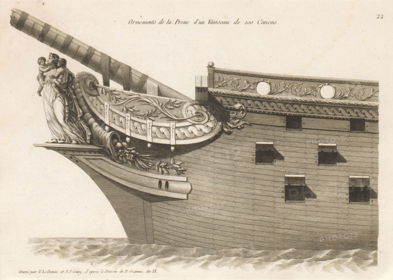 Prow and figurehead of a sailing ship, Ornements de la proue d'un vaisseau de 100 canons, Bow ornaments of various vessels, Ornements de la proue de différents vaisseaux, print, album page, ornamental print, Series number, 22, 24, Caritas with two children as figureheads, behind her a horn of plenty. This print is part of an album., printmaker: Joseph Coiny, printmaker: Yves Marie Le Gouaz, after drawing by Pierre Ozanne, 1800 - 1801, Joseph Coiny, Yves Marie Le Gouaz, Pierre Ozanne, printmaker, after drawing by, paper, etching, engraving, etching and engraving, cut off within the plate edge, mounted in an album, height 233 mm x width 323 mm, sailing-ship, sailing-boat, Charity, 'Caritas', 'Carità' (Ripa), one of the Three Theological Virtues, parts of ship's exterior: bow, A detailed engraved close-up of a ship's bow shows ornate wooden carvings and architectural features; a sculpted figure of a draped woman holding a small child stands near the prow, both rendered in fine linework, a...