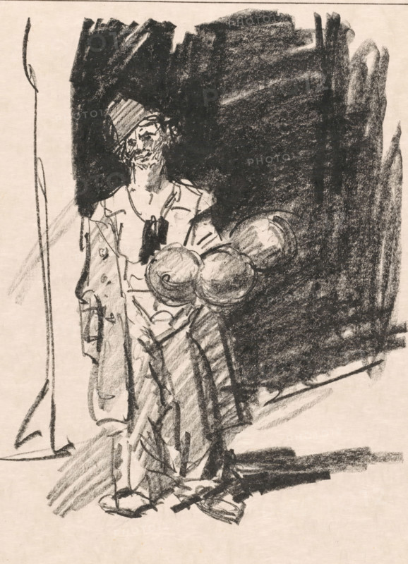 Clown with balloons, print, printmaker: Isaac Israels (signed by artist), 1895 - 1934, paper, lithography, height 427 mm x width 430 mm, clown, circus, A rough charcoal sketch of a standing person wearing a hat and a long coat, drawn against a dark heavily shaded background, with large rounded shapes near the figure's midsection and diagonal sketch lines suggesting folds in clothing and shadow on the ground.
