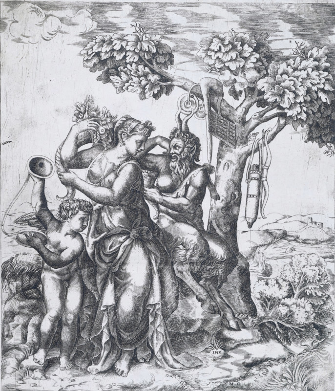 Pan, Pomona en Amor, print, album page, Pomona and Amor sitting under a tree with musical instruments and a bow and quiver hanging in it., number: '45', watermark, printmaker: Monogrammist IHS, Italy, after print by Giulio Bonasone, after design by Giulio Romano, 1561, Giulio Bonasone, after print by, Attributed to, paper, etching, engraving, etching and engraving, mounted on insert strip, height 288 mm x width 228 mm, height 540 mm x width 403 mm, A detailed black and white engraving shows a group of classical figures gathered beneath a large leafy tree, with a woman draped in flowing fabric at the center holding a bunch of flowers above her head and turning toward a bearded, partially draped satyr who leans against the tree and gestures with one arm; a wingless child stands to the woman's side holding a shallow dish and a horn, while another child reclines near the base of the woman. The tree beside them has textured bark, broad clusters of leaves, and objects hanging from its branch...