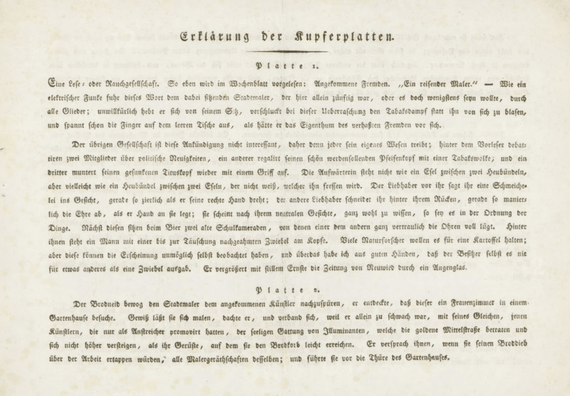 Explanation for prints 1 and 2, Adventures of a Traveling Painter, Die Abentheuer eines reisenden Mahlers, print, printmaker: Friedrich Rottmann, 1788 - 1806, paper, letterpress printing, height 230 mm x width 306 mm, Part of a series consisting of: title page, 6 numbered etchings and 2 sheets of explanation in letterpress., A cream-colored sheet with evenly spaced lines of printed dark gray text filling most of the page, centered decorative headings in a larger stylized type, faint foxing and small age spots scattered across the background, and slightly darker margins along the top and sides.