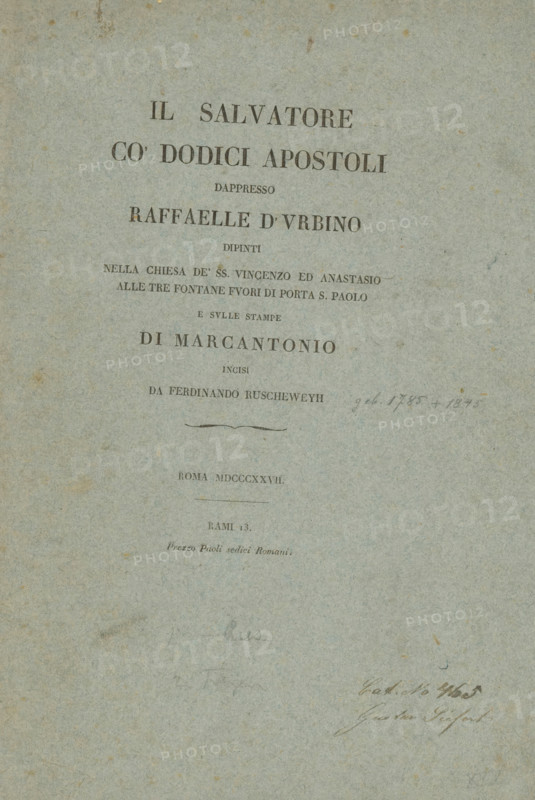 Cover for a series of Christ and the twelve apostles, Christ and the twelve apostles, Il Salvatore co'dodici Apostoli, wrapper, print, : 'Cat. No 465, ', printmaker: Ferdinand Ruscheweyh, after painting by Rafaël, after print by Marcantonio Raimondi, 1827, Ferdinand Ruscheweyh, Rafaël, Marcantonio Raimondi, printmaker, after painting by, after print by, paper, letterpress printing, letterpress printing on blue paper, height 325 mm x width 230 mm x height 327 mm x width 449 mm, the twelve apostles (as a group), usually with books or scrolls (not in biblical context), A faded sheet of bluish-gray paper with printed lines of dark serif text arranged mostly near the top and center, showing larger bold words at the top and smaller lines below, a faint horizontal decorative flourish under some text, and a few handwritten pencil or ink marks and scrawled words near the right and lower portions; the paper surface has subtle speckles, small stains, and areas of uneven discoloration, with visibl...
