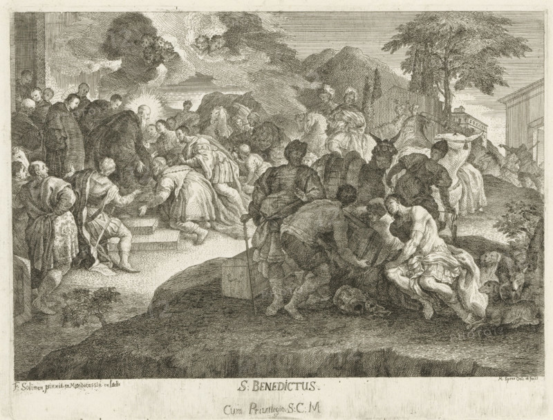 Saint Benedict and men with a treasure chest, S. Benedictus, print, printmaker: Martin Speer, Regensburg, after painting by Francesco Solimena, Latium, 1725 - 1765, unknown, grantor of privilege, Bavaria, paper, etching, intaglio printmaking technique, height 290 mm x width 377 mm, Print after a destroyed painting in the Abbey of Monte Cassino., Benedict of Nurcia, abbot of Monte Cassino and founder of the Benedictine Order, possible attributes: aspergillum, book, cup (sometimes broken), raven with loaf, sieve (or tray), money-chest, treasure-chest, money-box, A densely detailed monochrome engraving shows a large gathering of people on a rocky landscape with steps leading up to a building on the left and a tree and structures on the right; numerous robed figures crowd the left foreground and center, some kneeling and reaching toward a central elderly figure with a radiant halo around his head, while other seated and standing figures cluster nearby, including a group of soldiers on hors...
