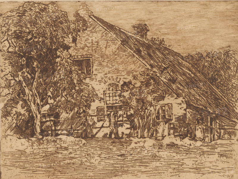 Farmhouse (original title), print, Low farmhouse among trees., printmaker: Willem de Zwart, c. 1898 - c. 1899, paper, etching, intaglio printmaking technique, height 188 mm x width 248 mm, farm or solitary house in landscape, A detailed line drawing of a rustic building with a steep roof and visible chimney, partially obscured by large leafy trees and foliage, with window and doorway openings and wooden fences in front; the foreground shows textured ground and a body of water or rippled surface, while the sky area is filled with fine horizontal hatch marks.