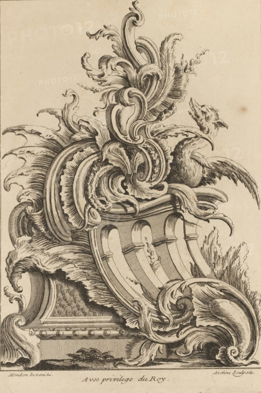 Rocaille with dragon, First series of rocaille and serrated ornaments, Premier Livre de forme Rocquaille et Cartel, print, album page, ornamental print, Series number, 3, 7, This series is numbered with a letter A in the upper left. Print is part of an album., printmaker: Antoine Aveline, after design by François-Thomas Mondon, grantor of privilege: Louis XV of France, France, 1736, paper, etching, height 237 mm x width 167 mm, rocaille ornament, dragon, The image shows an ornate black ink drawing on a light background featuring elaborate swirling acanthus-like foliage and curving volutes that flow around a carved architectural element with ribbed, arching slats and decorative moldings; the composition includes finely hatched shading and textured lines, a stylized bird head emerging from the scrollwork, curling leaf forms, layered fronds, and intricate linear patterns along a base plinth, all rendered with detailed crosshatching and flowing ornamental curves.