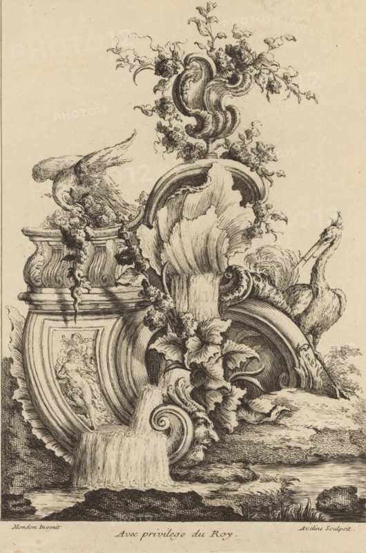 Rocaille with birds, Premier Livre de forme Rocquaille et Cartel, First series of rocaille and cartel ornaments, print, album page, ornamental print, Series number, 4, 7, This series is numbered with a letter A in the upper left. Print is part of an album., printmaker: Antoine Aveline, after design by François-Thomas Mondon, grantor of privilege: Louis XV of France, France, 1736, paper, etching, height 240 mm x width 166 mm, rocaille ornament, birds, A detailed black ink etching on aged paper shows an ornate carved fountain or architectural ornament with flowing water. The composition features volute shapes, scalloped shells, and layered curved surfaces, rendered with fine parallel and cross-hatching lines. Floral garlands and clusters of blossoms wind around the sculptural forms and cascade down the sides. A bird with outstretched wings perches near the upper left of the structure, and another long-necked bird stands to the right, their feathers depicted with textured strokes. Water p...