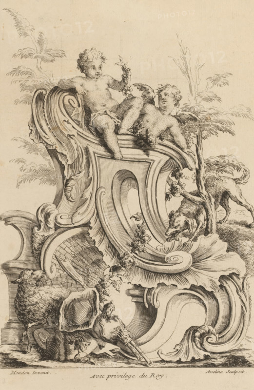 Rocaille with two putti, a dog and a sheep, print, album page, ornamental print, Series number, 5, 7, This series is numbered with a letter A in the upper left. Print is part of an album., printmaker: Antoine Aveline, after design by François-Thomas Mondon, grantor of privilege: Louis XV of France, France, 1736, paper, etching, height 239 mm x width 167 mm, rocaille ornament, cupids: 'amores', 'amoretti', 'putti', dog, A detailed ink drawing shows two cherubic figures reclining on an ornate curved architectural element with acanthus-like scrolls and carved moldings; one figure sits upright holding a small sprig while the other reclines with wings visible, and both have curly hair and cloth drapery at their waists. Surrounding them are stylized foliage and small trees rendered with fine lines, and a dog stands near the carved structure looking downward toward some flowers. Below and to the side of the ornamentation are various animal heads and carcass-like forms, including a sheep and o...