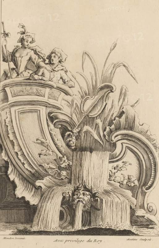 Rocaille with waterfall and two shepherds, Rocaille with waterfall and two country folk (former title), Premier Livre de forme Rocquaille et Cartel, First series of rocaille and cartel ornaments, print, album page, ornamental print, Series number, 6, 7, This series is numbered with a letter A in the upper left corner. Print is part of an album., printmaker: Antoine Aveline, after design by François-Thomas Mondon, grantor of privilege: Louis XV of France, France, 1736, paper, etching, height 240 mm x width 166 mm, rocaille ornament, herding, herdsman, herdswoman, shepherd, shepherdess, cowherd, waterfall, A detailed pen-and-ink drawing shows an ornate architectural fountain with flowing water cascading from carved spouts shaped like a grotesque face, surrounded by elaborate scrollwork, stylized foliage, and curved panels; above the fountain rim two figures in period attire lean on the balustrade, one holding a long staff and wearing a feathered headpiece while the other looks upward, bo...