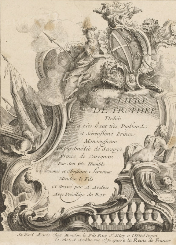 Title page with war trophies and coat of arms, Series of trophies, Livre de Trophée, print, album page, ornamental print, title page, Series number, 1, 7, This series is numbered with a letter B in the upper left corner. Print is part of an album., printmaker: Antoine Aveline, publisher: François-Thomas Mondon, Paris, dedicated to: Victor Amadeus I of Savoy-Carignano, grantor of privilege: Louis XV of France, France, 1736, paper, etching, engraving, height 239 mm x width 183 mm, rocaille ornament, trophy, battle, war, A detailed black and white engraved ornament fills the image, showing elaborate scrollwork and decorative cartouches with flowing acanthus leaves and curved volutes. A reclining lion rests near the top beside an ornate shield topped by a crowned crest, while a helmeted figure with drapery and a spear sits amid billowing clouds nearby. A cherublike child leans against an architectural frame on the right, and another small putto peeks from behind a carved element lower down...