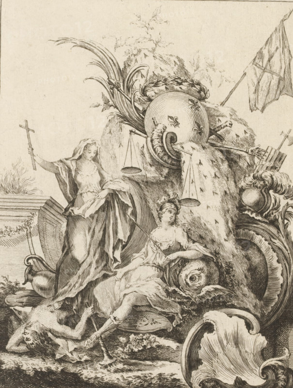 Rocaille with personifications of France and the church, Livre de Trophée, Series of trophies, print, album page, ornament print, Series number, 3, 7, This series is numbered at the top left with a letter B. Print is part of an album., print maker: Antoine Aveline, after design by François-Thomas Mondon, publisher: Étienne Charpentier, Paris, grantor of privilege: Louis XV of France, France, 1736, Louis 232 mm x width 183 mm, rocaille ornament, personifications of countries, nations, states, districts, the Church personified, 'Ecclesia', usually with chalice and banner, A detailed monochrome engraving shows a group of classical figures arranged among rocks and ornate scrollwork; on the left a robed woman stands holding a long cross in one hand with flowing drapery that falls in layered folds, while another seated woman nearby wears a wreath and rests against a large shell-like ornament. Above them a round shield decorated with floral motifs leans against the rock, flanked by curved hor...