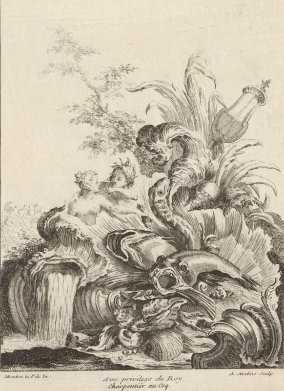 Rocaille with nymphs and fish, Series of trophies, Livre de Trophée, print, album page, ornament print, Series number, 4, 7, This series is numbered at the top left with a letter B. Print is part of an album., printmaker: Antoine Aveline, after design by François-Thomas Mondon, publisher: Étienne Charpentier, Paris, grantor of privilege: Louis XV of France, France, 1736, Louis mm, rocaille ornament, fishes, nymphs (in general), 'Ninfe in commune' (Ripa), A detailed pen-and-ink scene shows ornate swirling waves and stylized sea foam forming intricate curls and scalloped shapes, interwoven with large shells and a tentacle-like form with suction details. Two partially visible human figures emerge from the waves with bare shoulders and heads turned toward each other, their hair rendered in delicate lines. A large fish head with an open mouth and bulging eye appears among the carved wave forms. Tall, curved leaves and plant-like fronds rise behind the central sea motifs, and a decorative ur...