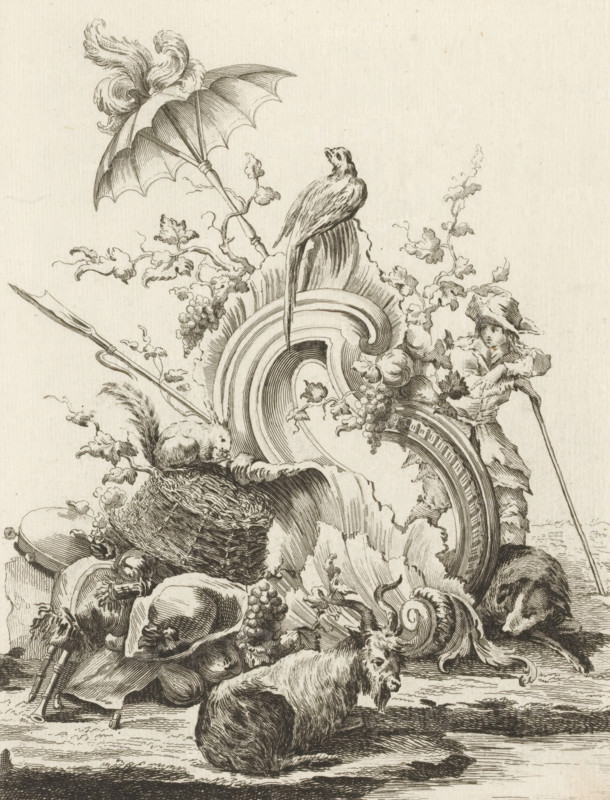 Rocaille with animals and bagpipes, Livre de Trophée, Series of trophies, print, album page, ornament print, Series number, 5, 7, This series is numbered at the top left with a letter B. Print is part of an album., print maker: Antoine Aveline, after design by François-Thomas Mondon, publisher: Étienne Charpentier, Paris, grantor of privilege: Louis XV of France, France, 1736, Louis mm, seed bead ornament, bagpipe, musette, herd, flock, A detailed monochrome etching shows an ornate arrangement of objects and animals, centered on a large, curved decorative shell form with layered ridges. Perched on the shell is a bird with a long tail, and nearby a parasol with a feathered plume leans against the composition. Grapevines with leaves and clustered fruit weave through the scene, surrounding the shell and trailing across the image. A woven nest rests near the base, with a small rodent perched on it, and a reclining goatlike animal lies in the foreground. On the right a figure in rustic clot...