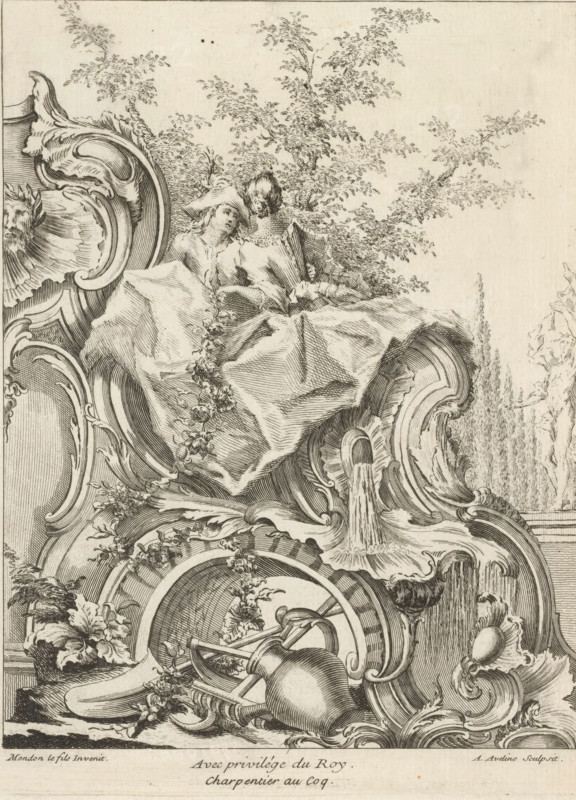 Rocaille with young couple and garden attributes, Series of trophies, Livre de Trophée, print, album page, ornament print, Series number, 6, 7, This series is numbered at the top left with a letter B. Print is part of an album., print maker: Antoine Aveline, after design by François-Thomas Mondon, publisher: Étienne Charpentier, Paris, grantor of privilege: Louis XV of France, France, 1736, Louis 234 mm x width 183 mm, seed bead ornament, gardening tools, An engraved scene showing two seated figures draped in flowing fabric atop an ornate carved structure, one figure wearing a wide-brimmed hat and the other holding a folded object, surrounded by elaborate rococo scrollwork, floral garlands, a cascading spout of water, a tipped vessel and additional ornamental shells and foliage, with fine linear shading and distant trees sketched in the background.
