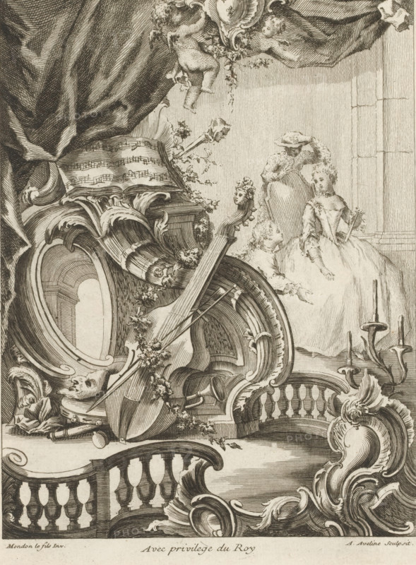 Rocaille with musical instruments and elegant lady, Livre de Trohée, Series of trophies, print, album page, ornament print, Series number, 7, This series is numbered at the top left with a letter B. Print is part of an album., print maker: Antoine Aveline, after design by François-Thomas Mondon, grantor of privilege: Louis XV of France, France, 1736, Louis, An intricately engraved scene showing ornate carved architectural elements and scrollwork interwoven with musical instruments and decorative garlands, a large bowed instrument resting against a carved frame beside an open book of musical notation, draped fabric forming a heavy curtain at the top with a cherubic figure clinging to an ornamental cartouche, a group of three figures in period dress seated in a recessed area with one figure holding a fan and another wearing a broad-brimmed hat, a candelabrum with tapering candle sockets standing near the seated group, and a variety of floral swags and carved balustrades filling the compo...