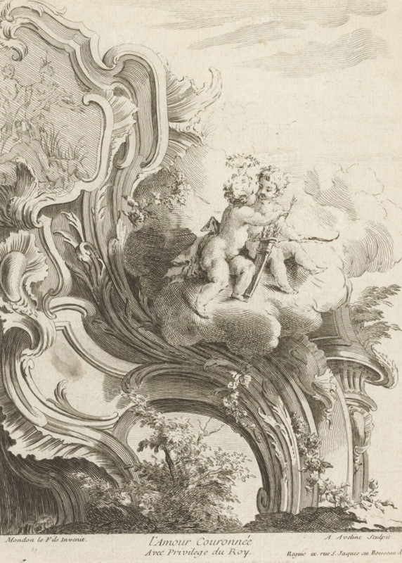 Rocaille with putti, L'Amour Couronnée, Third series of rocailles and serrated ornaments, Troisième Livre de formes Cartels et Rocailles, print, album page, ornament print, Series number, 2, 7, This series is numbered at the top left with a letter C. Print is part of a album., printmaker: Antoine Aveline, after design by François-Thomas Mondon, publisher: Pierre Roguié, Paris, grantor of privilege: Louis paper, etching, engraving, height 230 mm x width 182 mm, rocaille ornament, cupids: 'amores', 'amoretti', 'putti', A detailed etching shows ornate rococo scrollwork and carved architectural flourishes framing the scene, with a pair of cherubic figures seated on a billowy cloud near the center; one cherub faces slightly away while the other looks toward the viewer, and both have curly hair and rounded forms. The cherubs hold a quiver with arrows and a bow, and floral garlands and leafy motifs entwine the surrounding curls of the decorative frame. Cross-hatched shading and fine linework ...