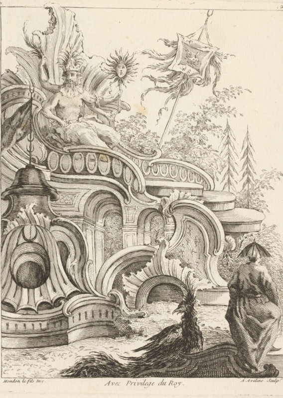 Rocaille with multi-faceted god, Fourth series of rocailles, figures and Chinese dragons, Quatrième Livre de Formes ornées de Rocailles, et Dragons Chinois, print, album page, ornamental print, Series number, 2, 7, God with multiple arms and faces, possibly Simianshen. This series is numbered with the letter D in the upper left corner. Print is part of an album., printmaker: Antoine Aveline, after design by François-Thomas Mondon, grantor of privilege: Louis XV of France, France, 1736, paper, etching, height 232 mm x width 181 mm, rocaille ornament, Chinese, traditional Chinese religions, A detailed engraved scene showing ornate architectural scrollwork and curved balustrades with oval motifs, a bearded male figure seated among large flowing decorative shells holding a staff topped with a stylized sun face, a banner on a pole with flowing ribbons, layered arches and recessed niches, a cloaked figure seen from behind standing near the edge, and a bird with long, ruffled feathers on the ...
