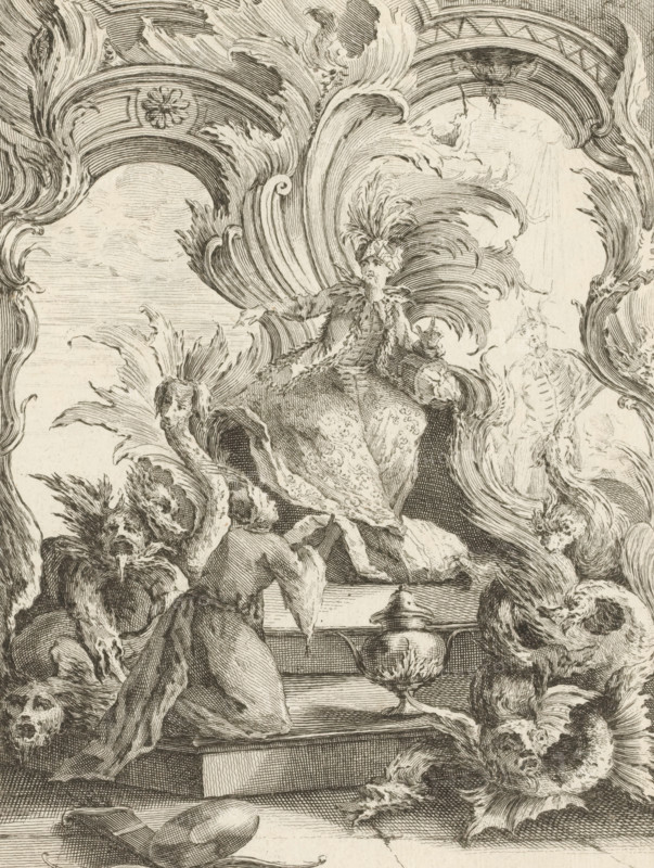 Rocaille with man sitting on throne surrounded by dragons, Rocaille with two Orientals and dragons (former title), Quatrième Livre de Formes ornées de Rocailles, et Dragons Chinois, Fourth series of rocailles, figures and Chinese dragons, print, album page, ornamental print, Series number, 3, 7, This series is numbered with a letter D in the upper left corner. Print is part of an album., printmaker: Antoine Aveline, after design by François-Thomas Mondon, grantor of privilege: Louis XV of France, France, 1736, paper, etching, etching pasted on album page, height 232 mm x width 178 mm, rocaille ornament, ruler, sovereign, kneeling figure, dragon, A densely detailed monochrome etching filled with ornate swirling foliage and curling acanthus-like ornamentation framing a central seated figure wearing a lavish robe and an elaborate feathered headdress, the figure’s arms extended and one hand holding a small object, while a cloaked kneeling figure with a distorted mask-like face leans forwar...