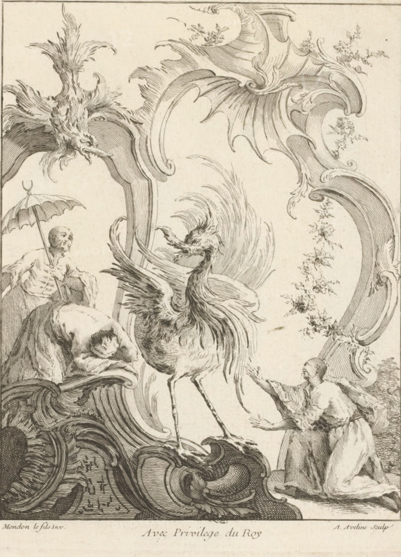 Rocaille with three figures in Chinese costume surrounding a fantasy bird, Quatrième Livre de Formes ornées de Rocailles, et Dragons Chinois, Fourth series of rocailles, figures and Chinese dragons, print, album page, ornamental print, Series number, 5, 7, This series is numbered with a letter D in the upper left corner. Print is part of an album., printmaker: Antoine Aveline, after design by François-Thomas Mondon, grantor of privilege: Louis XV of France, France, 1736, paper, etching, height 233 mm x width 179 mm, rocaille ornament, Chinese, fabulous animals, birds, A detailed black and white engraving shows an ornate, flowing decorative frame with curved, shell-like and acanthus leaf motifs surrounding a central scene; a large, stylized bird with long legs, an elaborate plume of feathers, and wings partially raised stands prominently on a curled, wave-like base; to the left, a cloaked figure kneels under a small umbrella held by a skeletal or gaunt figure seated behind, both figures...