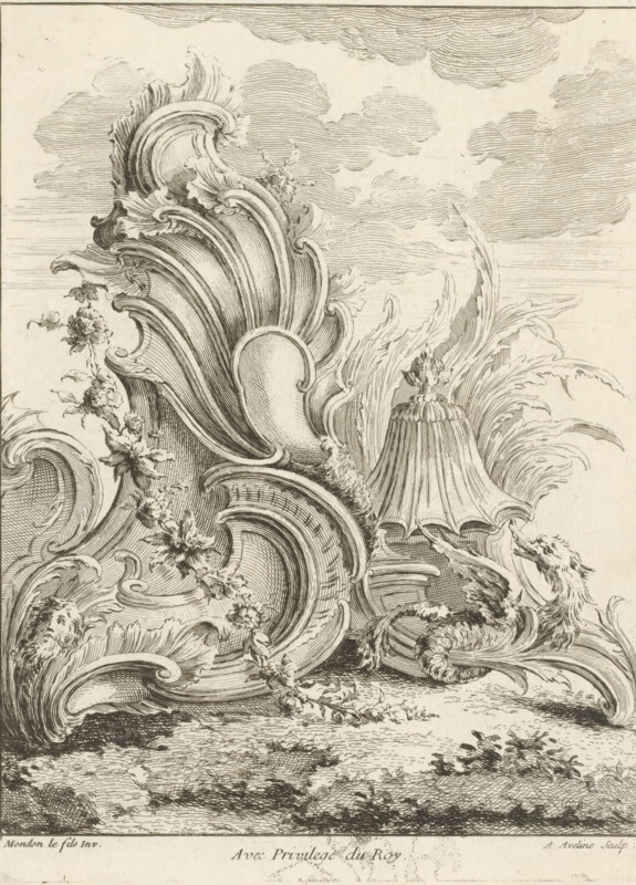 Rocaille with dragon and floral garland, Fourth series of rocailles, figures and Chinese dragons, Quatrième Livre de Formes ornées de Rocailles, et Dragons Chinois, print, album page, ornamental print, Series number, 7, This series is numbered with a letter D in the upper left corner. Print is part of an album., printmaker: Antoine Aveline, after design by François-Thomas Mondon, grantor of privilege: Louis XV of France, France, 1736, paper, etching, height 231 mm x width 179 mm, rocaille ornament, dragon, The image shows an intricate monochrome engraving of elaborate rococo-style scrolls, shells, and acanthus-like foliage forming sweeping curved forms and layered volutes, with delicate linework creating shading and texture; small floral garlands and blossoms entwine the ornamental curves, and feathery leaf fronds rise and curl beside a ribbed bell-shaped element topped by a floral finial; the background contains softly hatched clouds and horizontal lines suggesting a distant sky above...