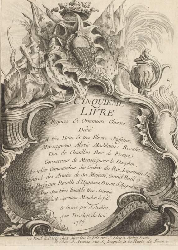 Title page with man with various weapons, Fifth series with Chinese figures and ornaments, Cinquieme Livre de Figures et Ornements Chinois, print, album page, ornamental print, title page, Series number, 1, 7, This series is numbered with a letter E in the upper left. Print is part of an album., printmaker: Antoine Aveline, after design by François-Thomas Mondon, dedicated to: Charles Alexis Madeleine Rosalie de Châtillon, grantor of privilege: Louis XV of France, France, 1736, paper, etching, engraving, etching and engraving, pasted on album page, height 230 mm x width 174 mm, rocaille ornament, A sepia-toned engraved title page showing ornate Baroque ornamentation with swirling acanthus leaves and shell-like curves framing a central cartouche filled with handwritten script. At the top center a crowned helmet rests on a spotted fur mantle encircling an oval shield with vertical stripes, flanked by flowing banners and a plume of feathers. To the left a seated figure in draped clothing ...